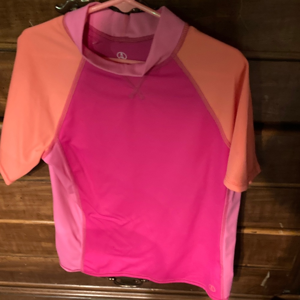 Bright Pink & Coral Short Sleeve Rash Guard Medium Girls